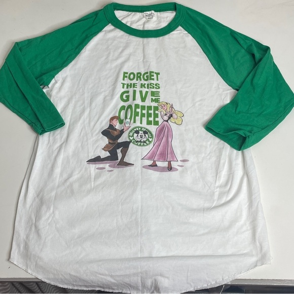 Sleeping Beauty Coffee Tee Funny Size L Rugby Green 3/4 Sleeve Disney Baseball T - Picture 1 of 7